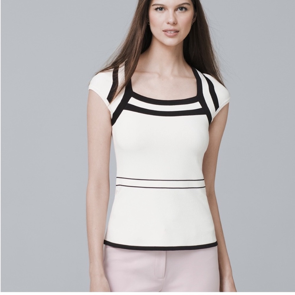 White House Black Market Fitted White and Black Blouse Size S (M)
